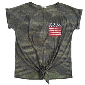 First Love by Lovelyn Women’s 1X 2X Camo Print Tie Front US Flag Patriotic Top